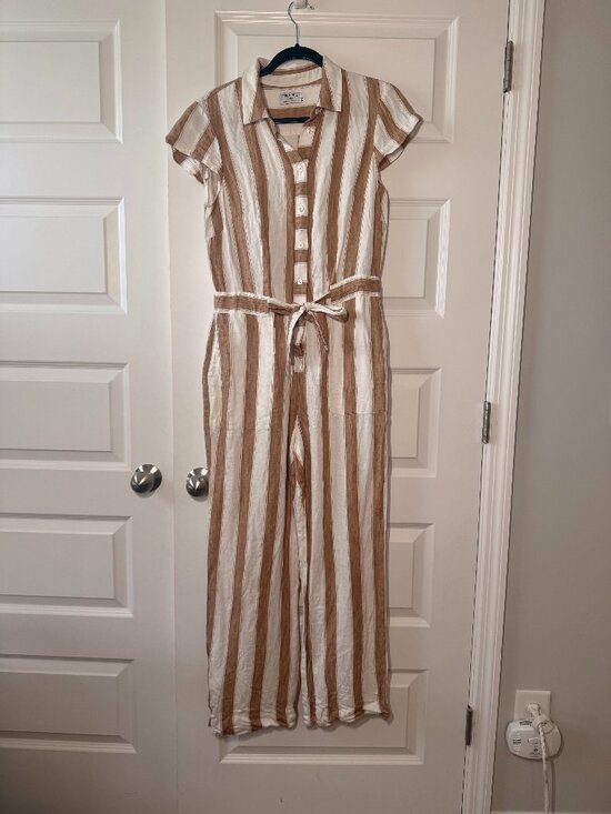 Frame Denim Pants - FRAME Linen Blend Shirt Jumpsuit | Brown Striped Collar | Size S